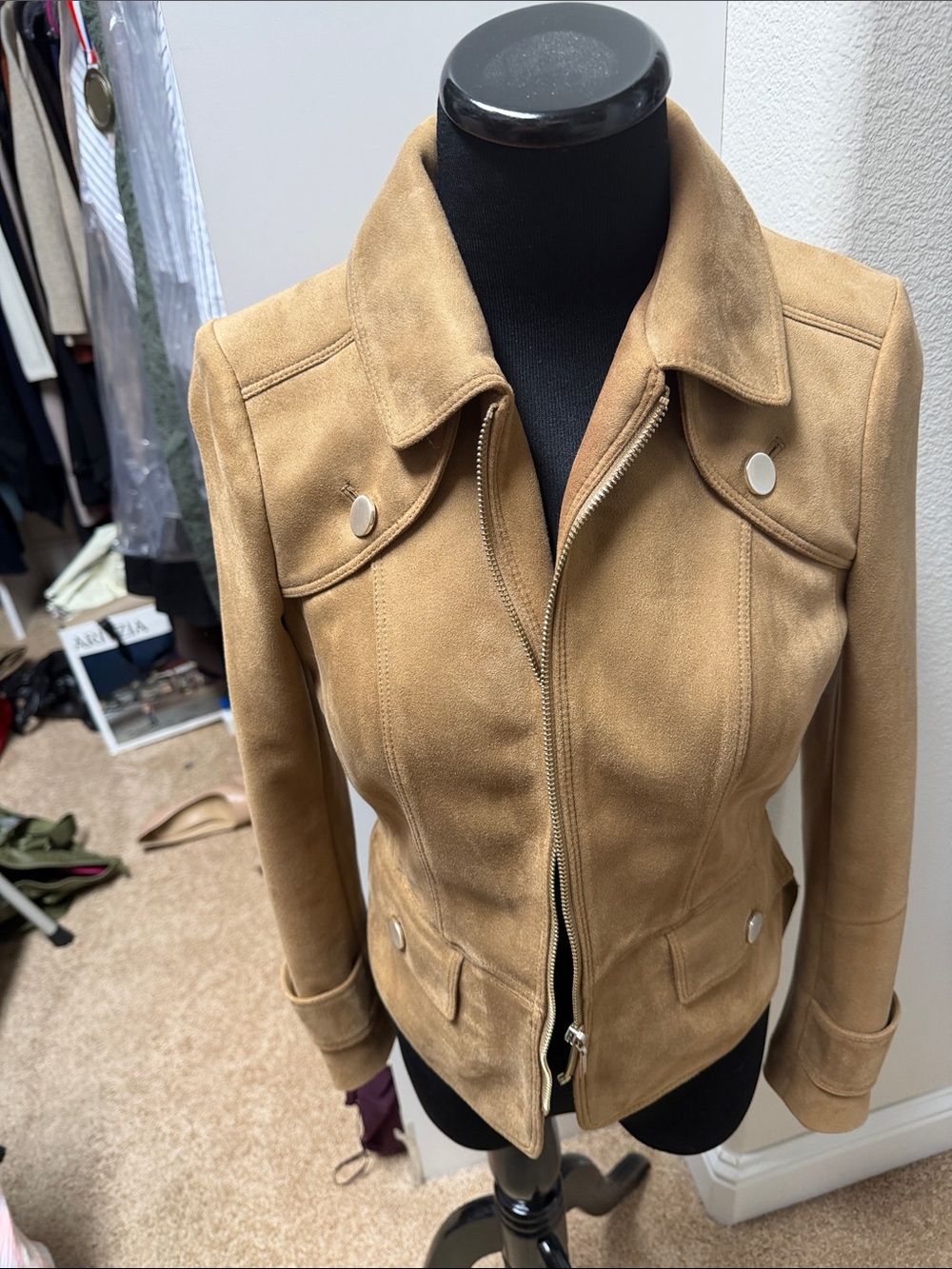 White House Black Market Tan Faux Suede Zip-Front Jacket